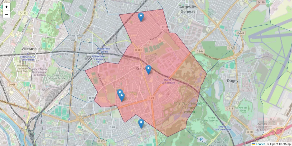 Carte de la zone du code postal  et des codes postaux voisins en France