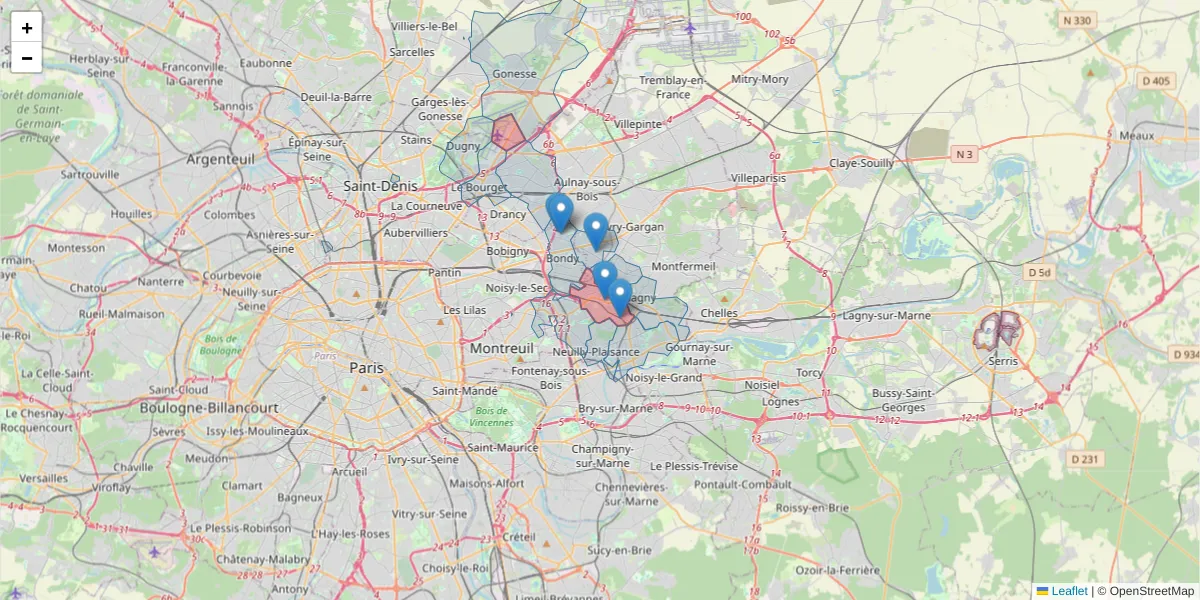 Carte de la zone du code postal  et des codes postaux voisins en France