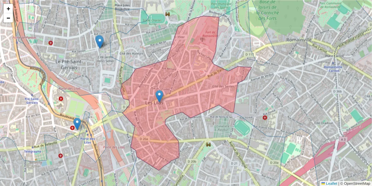 Carte de la zone du code postal  et des codes postaux voisins en France