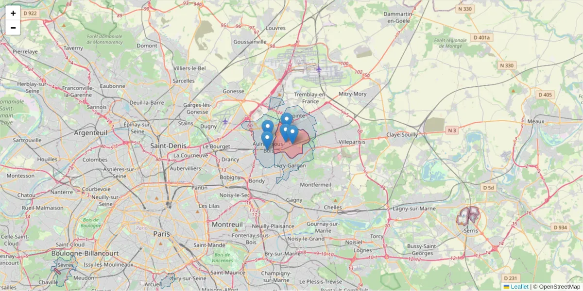 Carte de la zone du code postal  et des codes postaux voisins en France
