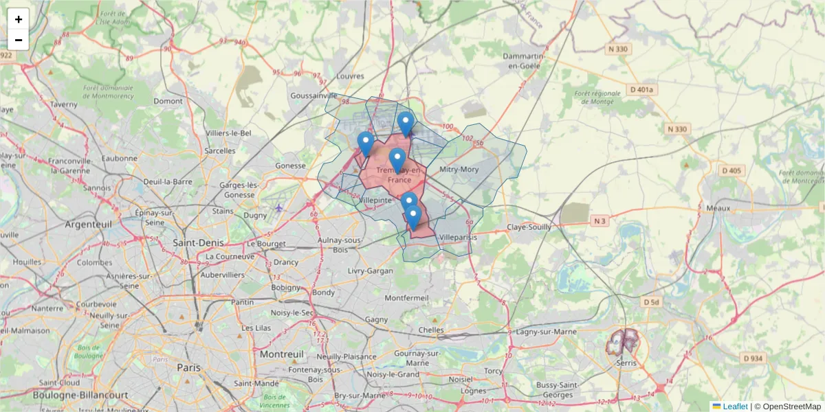 Carte de la zone du code postal  et des codes postaux voisins en France