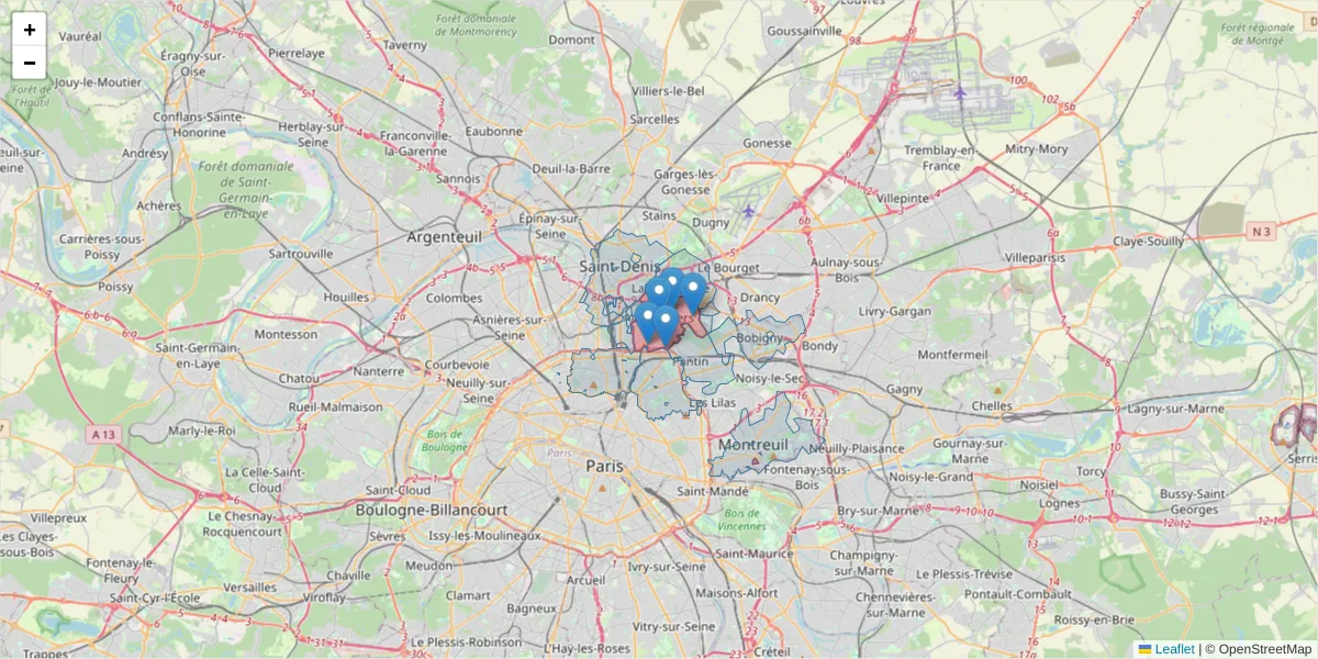 Carte de la zone du code postal  et des codes postaux voisins en France