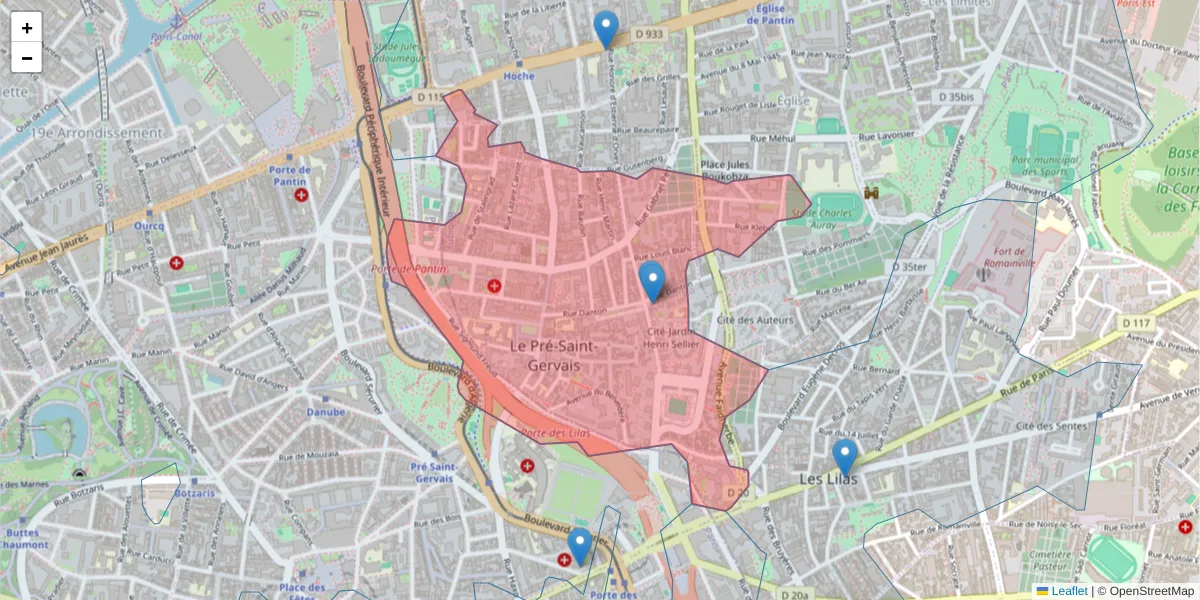 Carte de la zone du code postal  et des codes postaux voisins en France