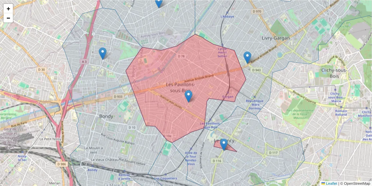 Carte de la zone du code postal  et des codes postaux voisins en France