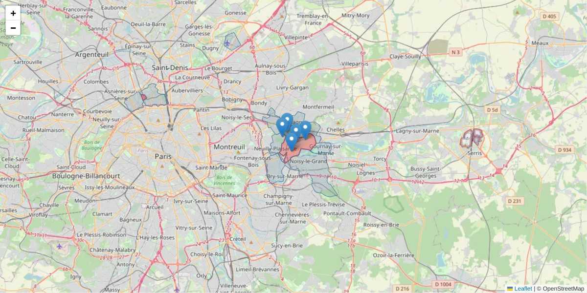 Carte de la zone du code postal  et des codes postaux voisins en France