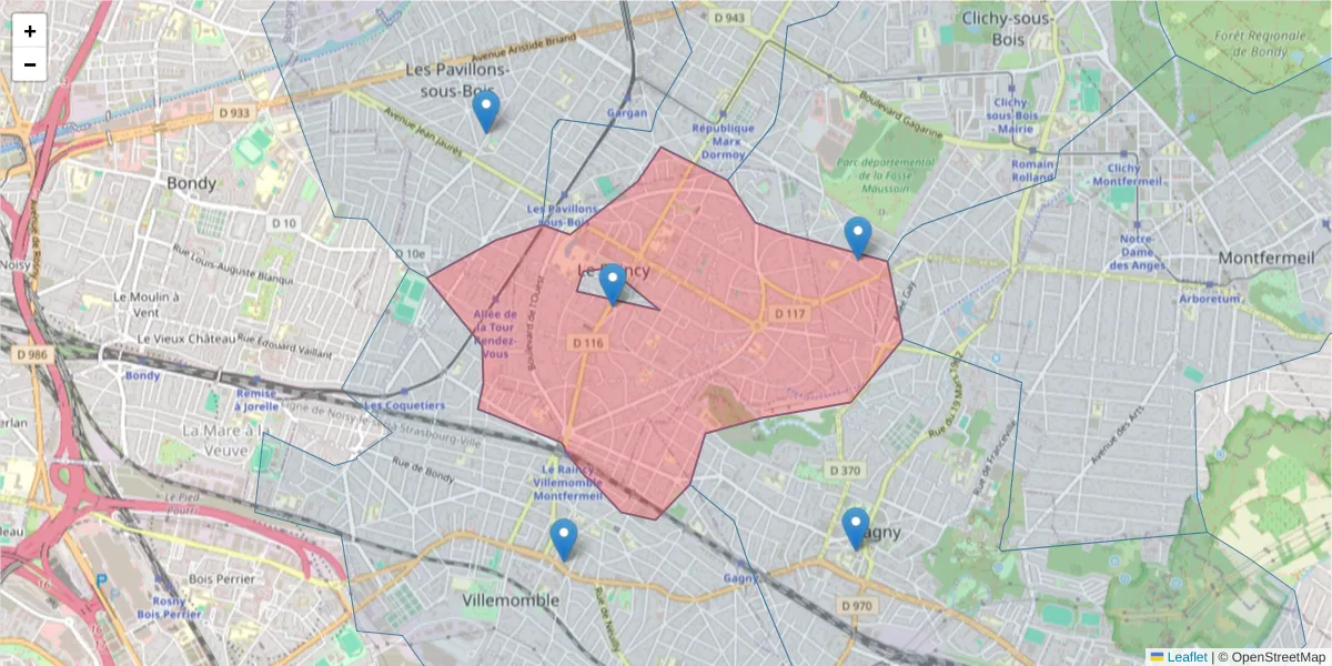 Carte de la zone du code postal  et des codes postaux voisins en France