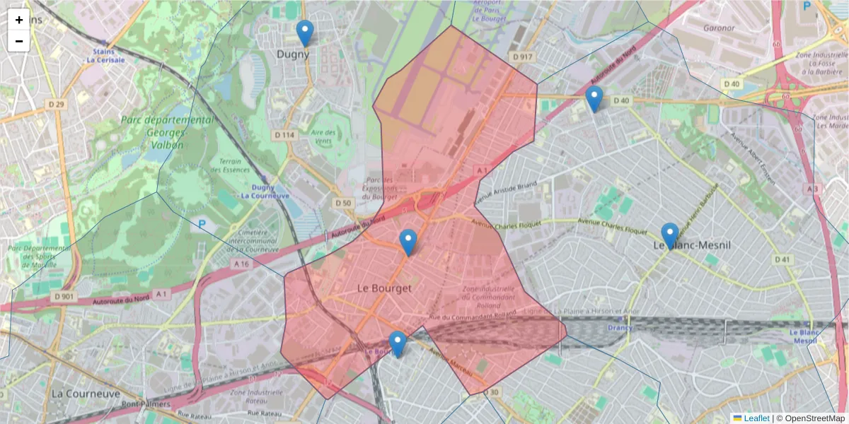 Carte de la zone du code postal  et des codes postaux voisins en France