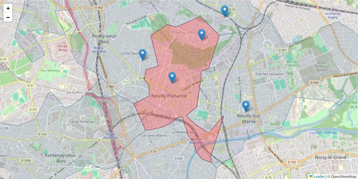 Carte de la zone du code postal  et des codes postaux voisins en France