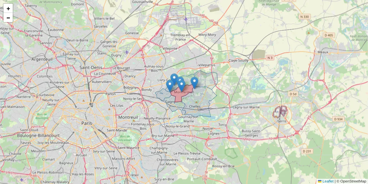 Carte de la zone du code postal  et des codes postaux voisins en France