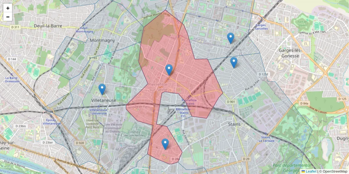 Carte de la zone du code postal  et des codes postaux voisins en France