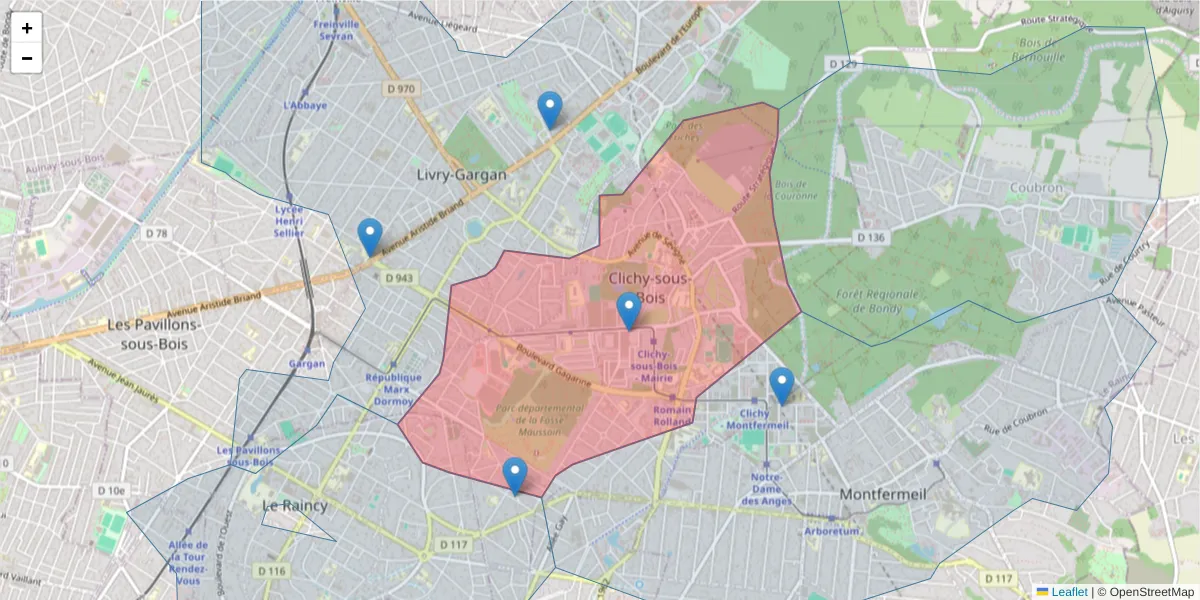 Carte de la zone du code postal  et des codes postaux voisins en France