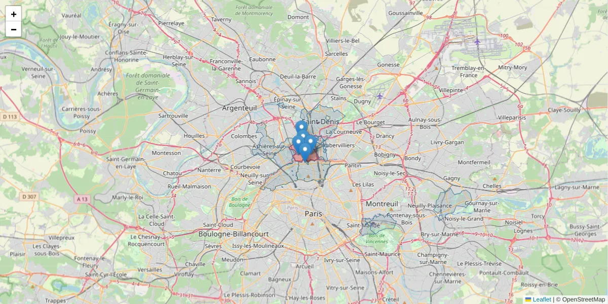 Carte de la zone du code postal  et des codes postaux voisins en France