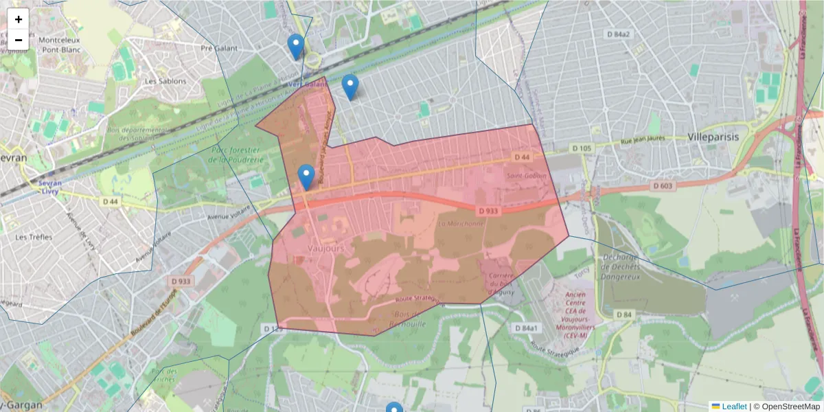 Carte de la zone du code postal  et des codes postaux voisins en France