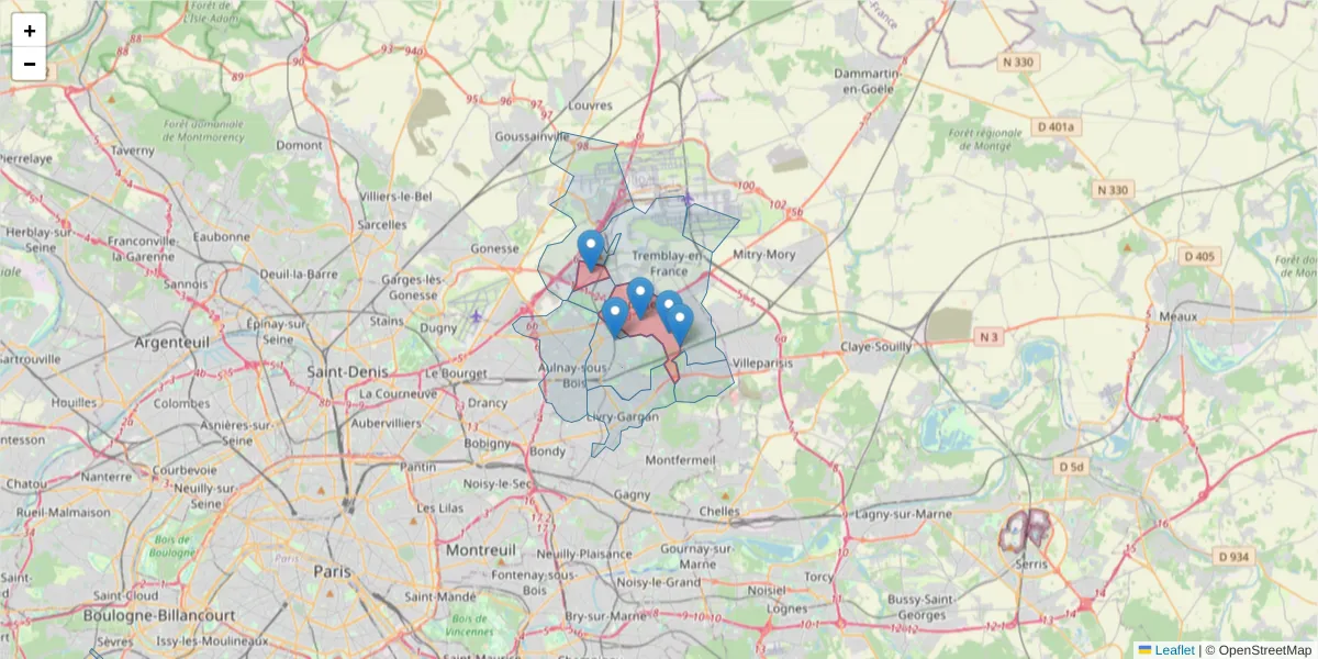 Carte de la zone du code postal  et des codes postaux voisins en France