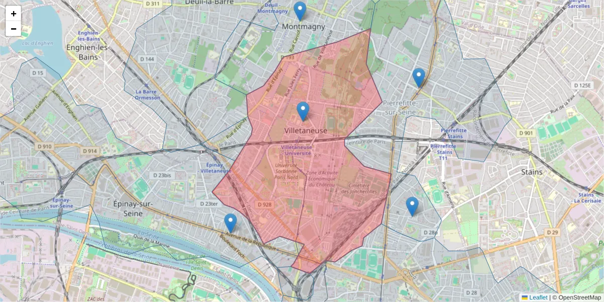 Carte de la zone du code postal  et des codes postaux voisins en France