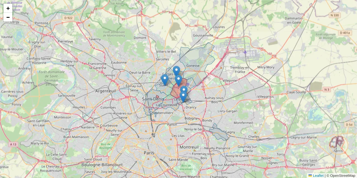 Carte de la zone du code postal  et des codes postaux voisins en France