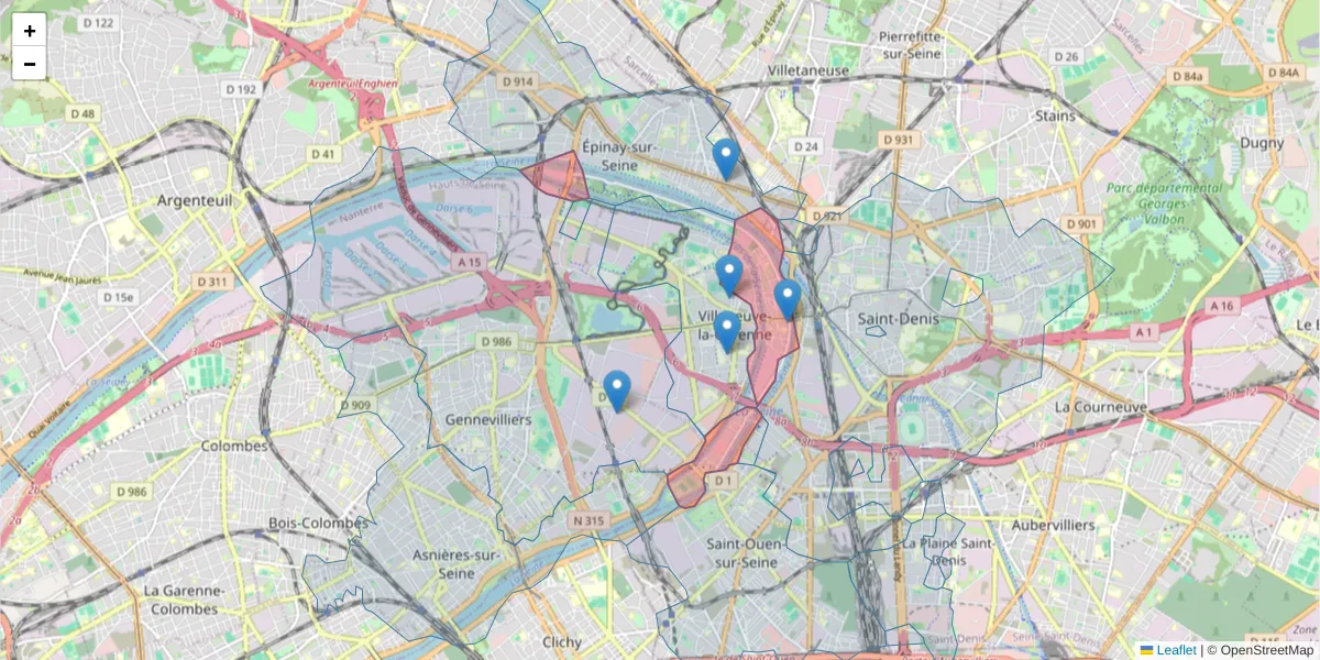 Carte de la zone du code postal  et des codes postaux voisins en France