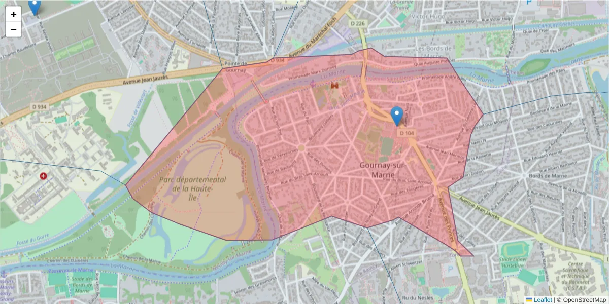 Carte de la zone du code postal  et des codes postaux voisins en France