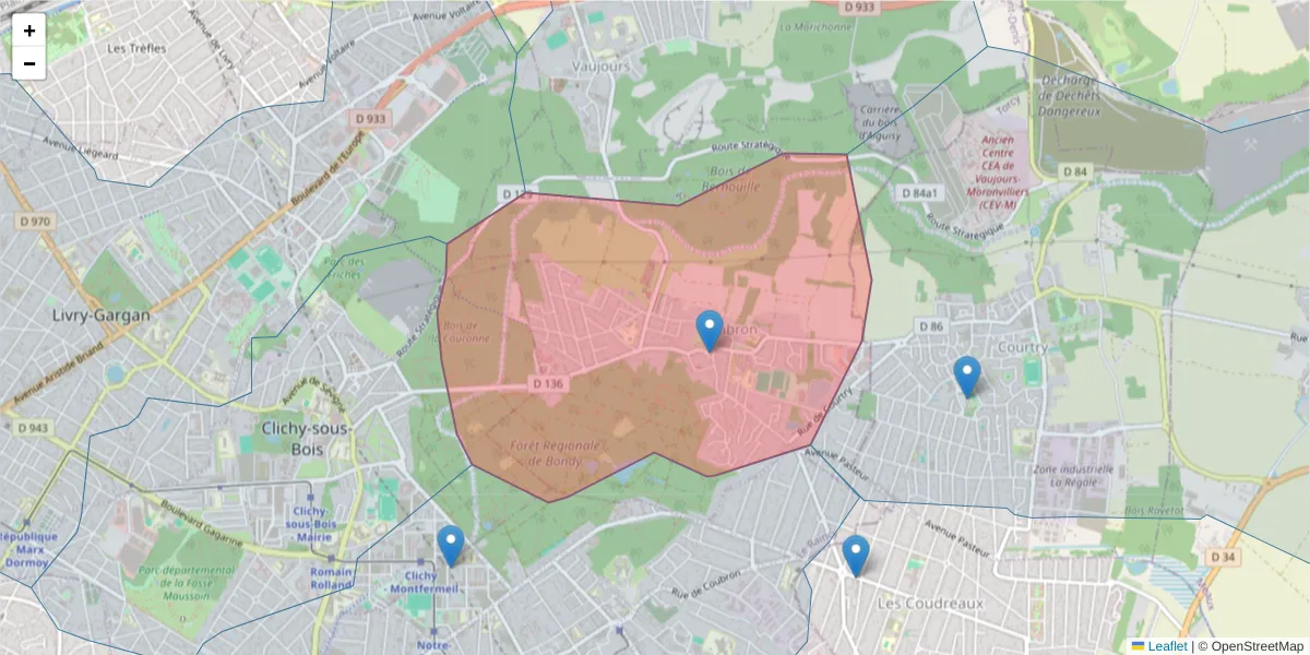 Carte de la zone du code postal  et des codes postaux voisins en France
