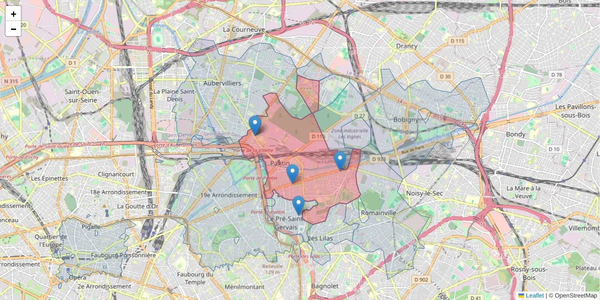 Carte de la zone du code postal  et des codes postaux voisins en France