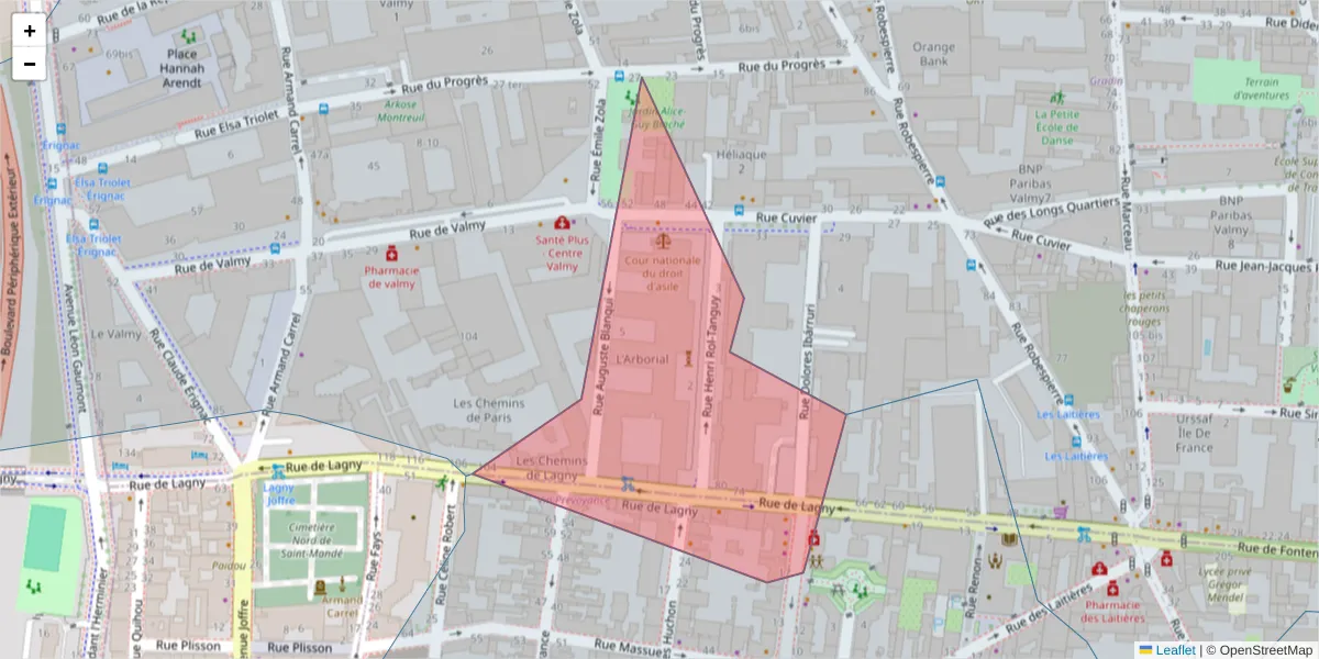 Carte de la zone du code postal  et des codes postaux voisins en France