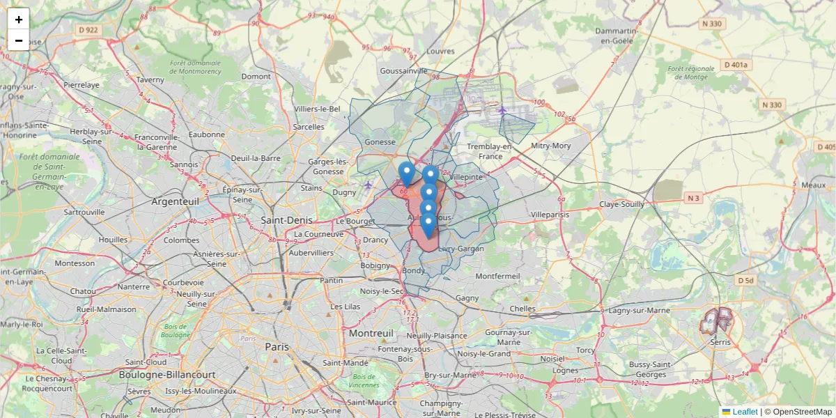 Carte de la zone du code postal  et des codes postaux voisins en France