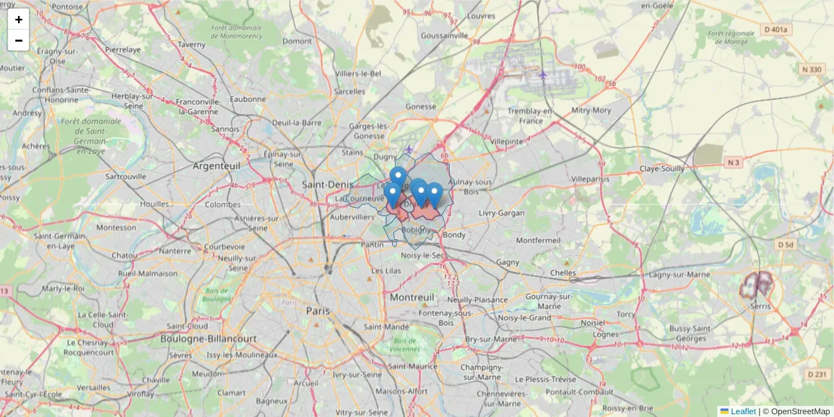 Carte de la zone du code postal  et des codes postaux voisins en France