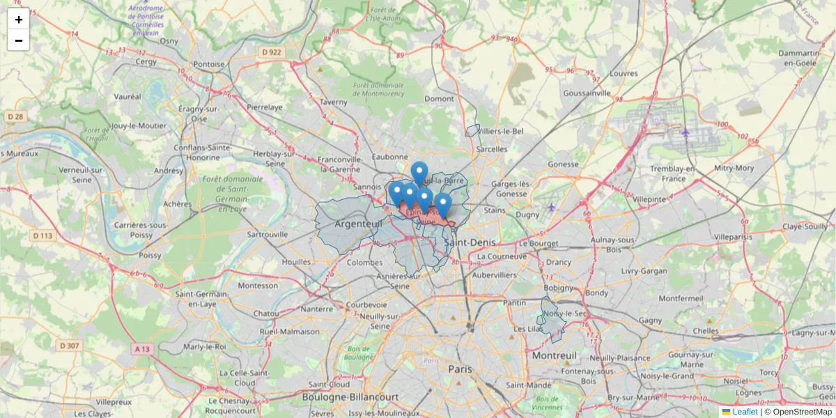 Carte de la zone du code postal  et des codes postaux voisins en France