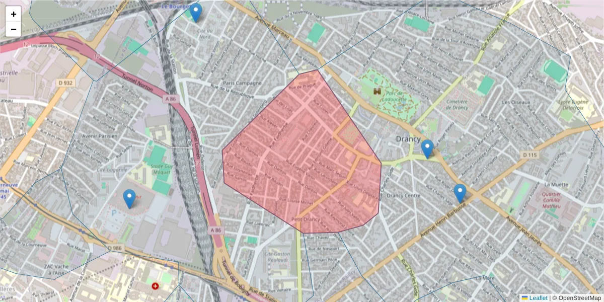 Carte de la zone du code postal  et des codes postaux voisins en France