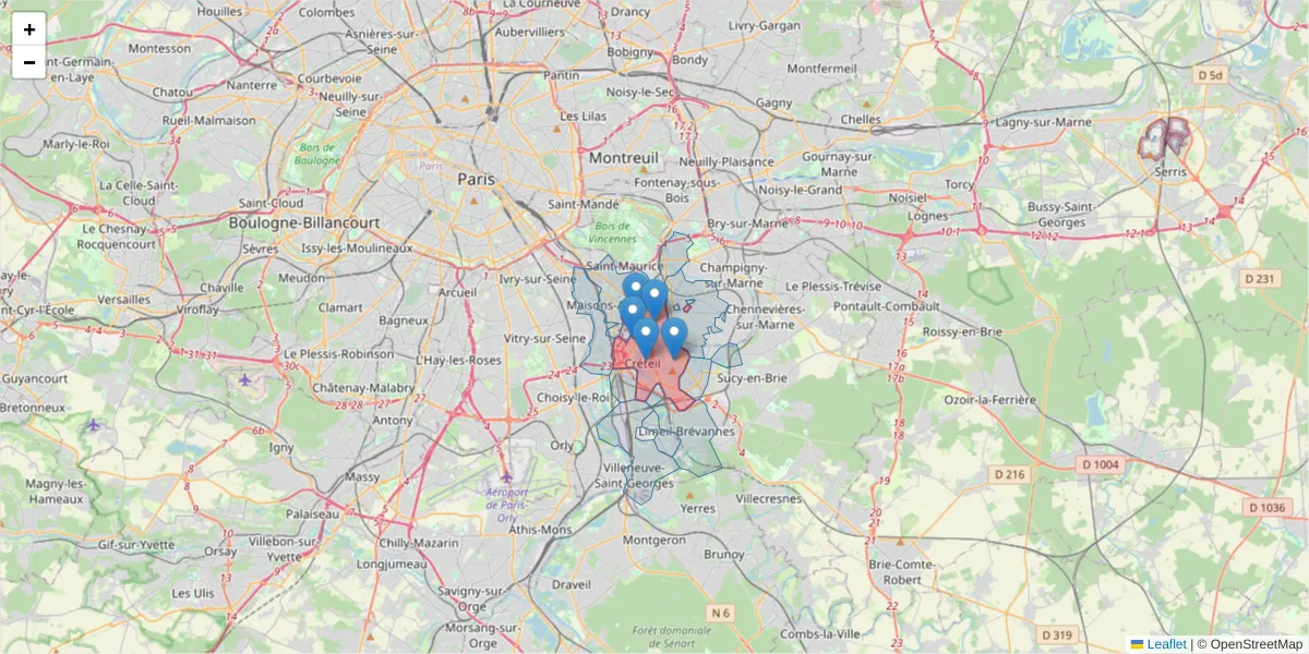 Carte de la zone du code postal  et des codes postaux voisins en France