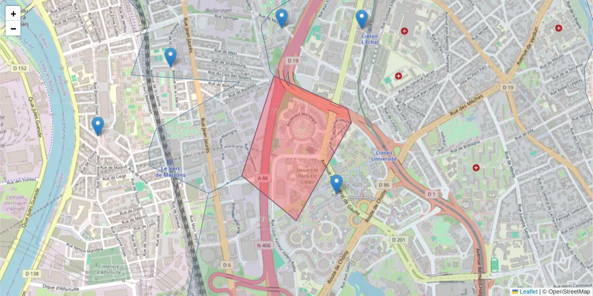 Carte de la zone du code postal  et des codes postaux voisins en France