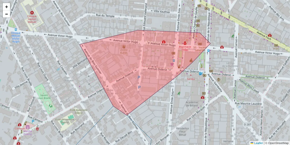 Carte de la zone du code postal  et des codes postaux voisins en France
