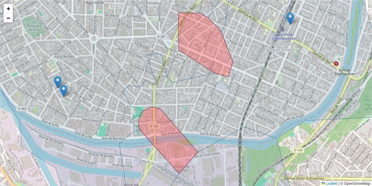 Carte de la zone du code postal  et des codes postaux voisins en France