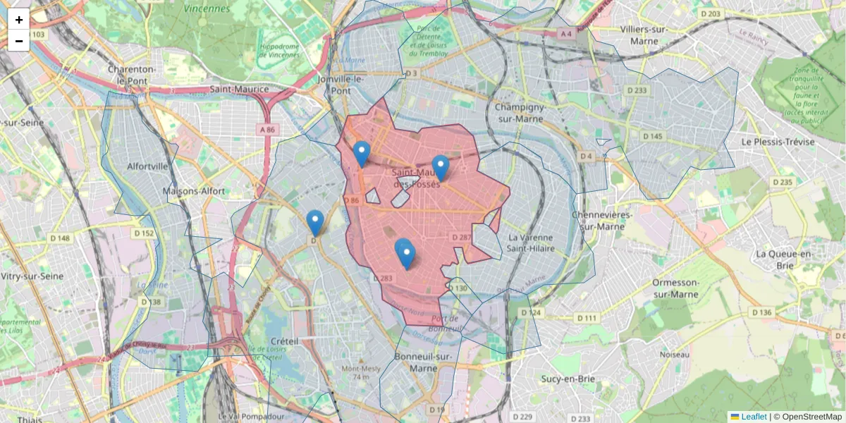 Carte de la zone du code postal  et des codes postaux voisins en France