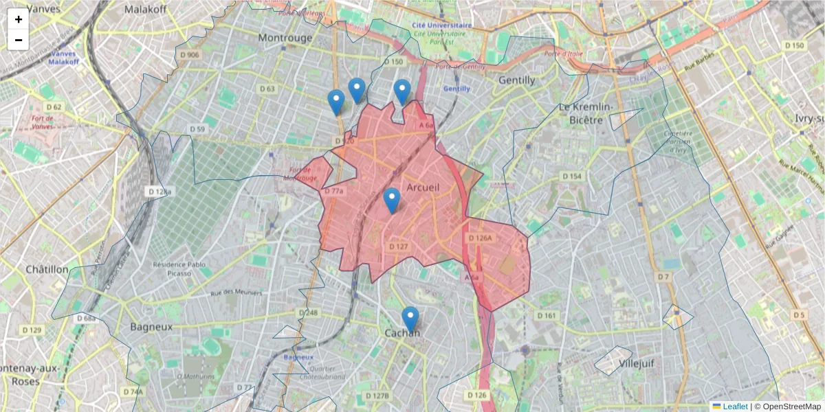 Carte de la zone du code postal  et des codes postaux voisins en France