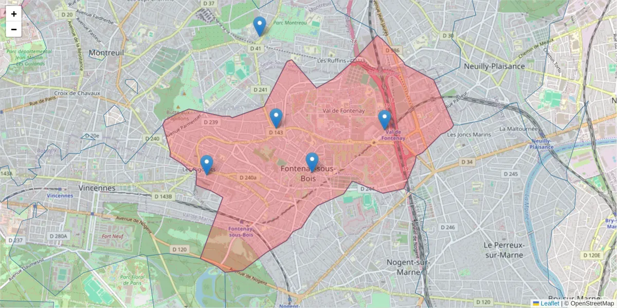Carte de la zone du code postal  et des codes postaux voisins en France
