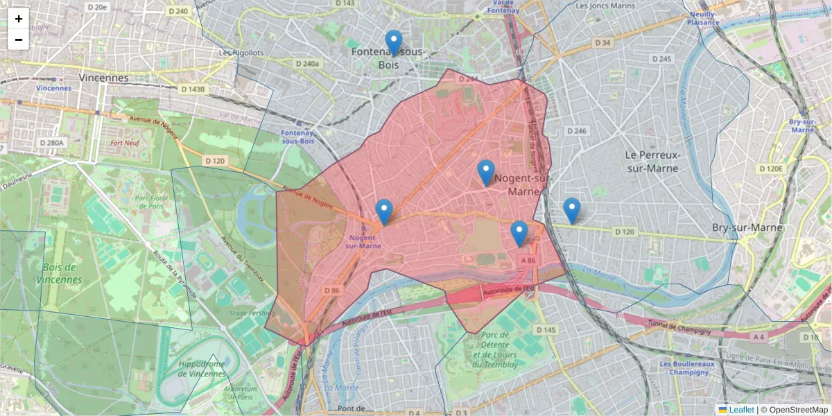 Carte de la zone du code postal  et des codes postaux voisins en France