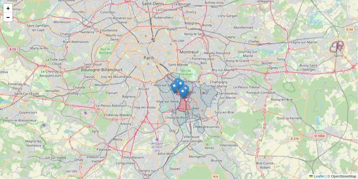 Carte de la zone du code postal  et des codes postaux voisins en France