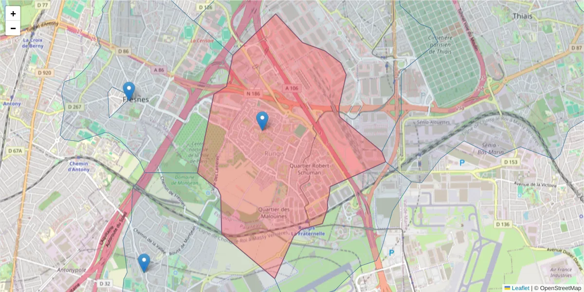 Carte de la zone du code postal  et des codes postaux voisins en France