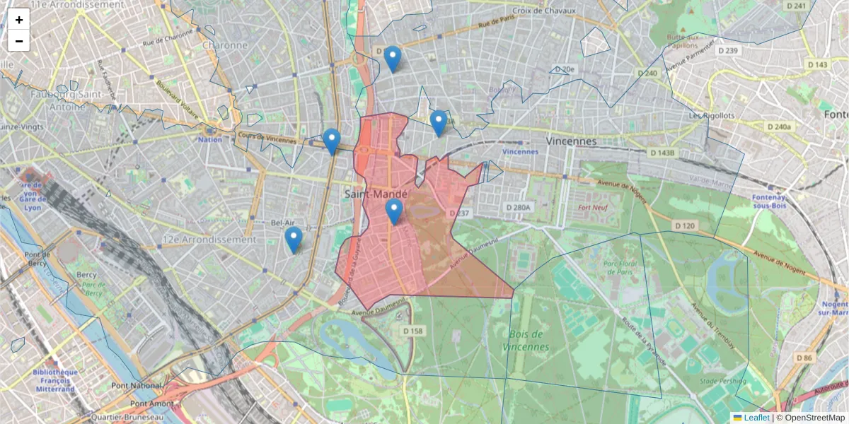 Carte de la zone du code postal  et des codes postaux voisins en France
