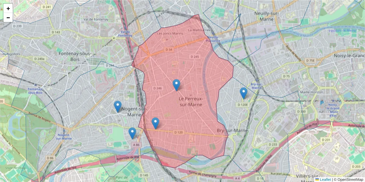 Carte de la zone du code postal  et des codes postaux voisins en France