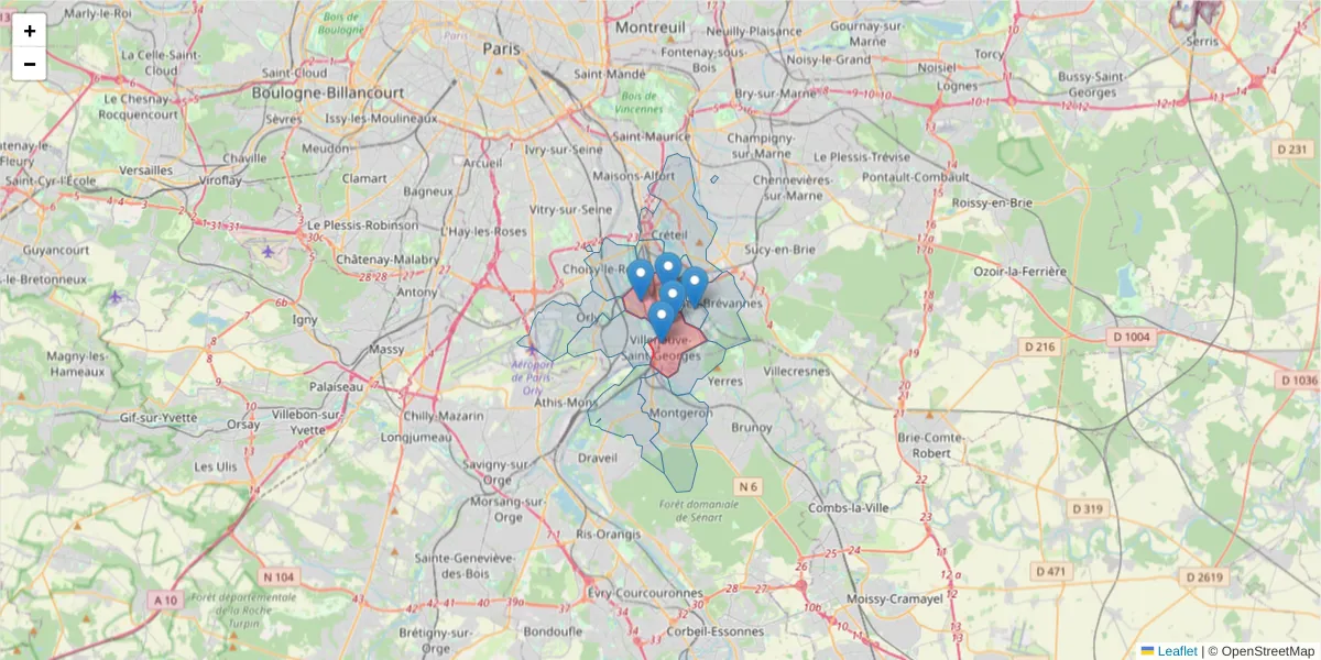 Carte de la zone du code postal  et des codes postaux voisins en France