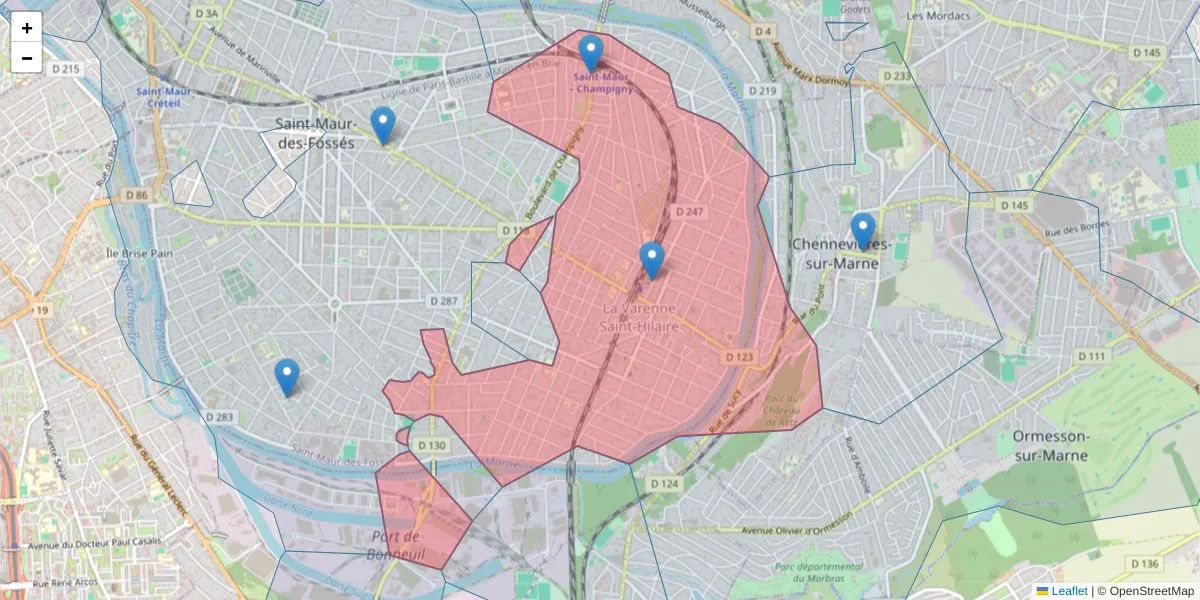 Carte de la zone du code postal  et des codes postaux voisins en France