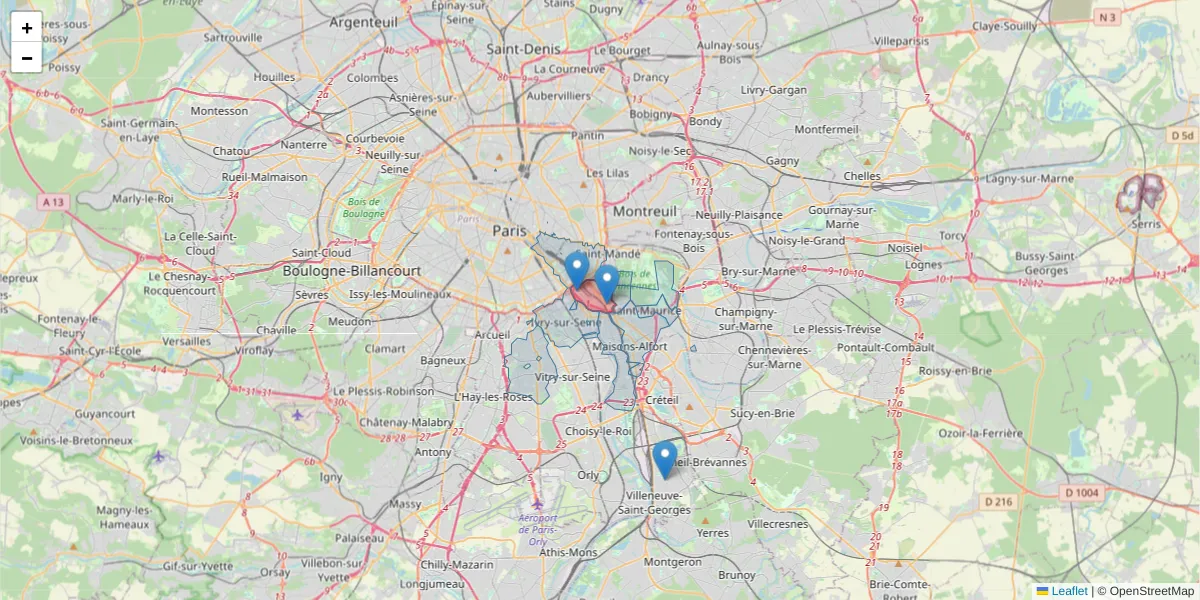 Carte de la zone du code postal  et des codes postaux voisins en France
