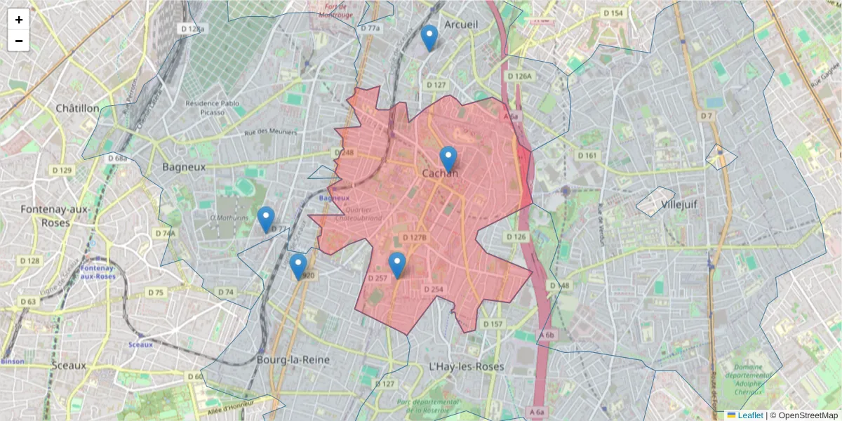Carte de la zone du code postal  et des codes postaux voisins en France
