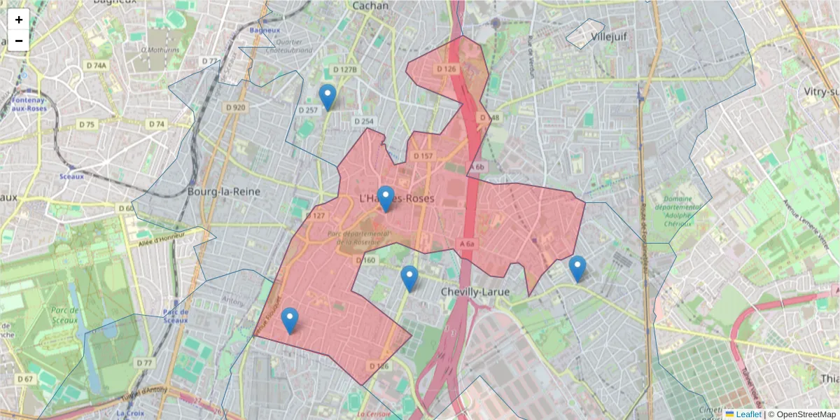 Carte de la zone du code postal  et des codes postaux voisins en France