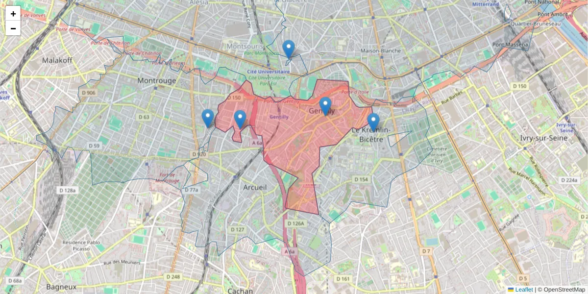 Carte de la zone du code postal  et des codes postaux voisins en France