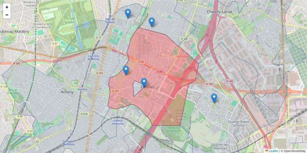 Carte de la zone du code postal  et des codes postaux voisins en France