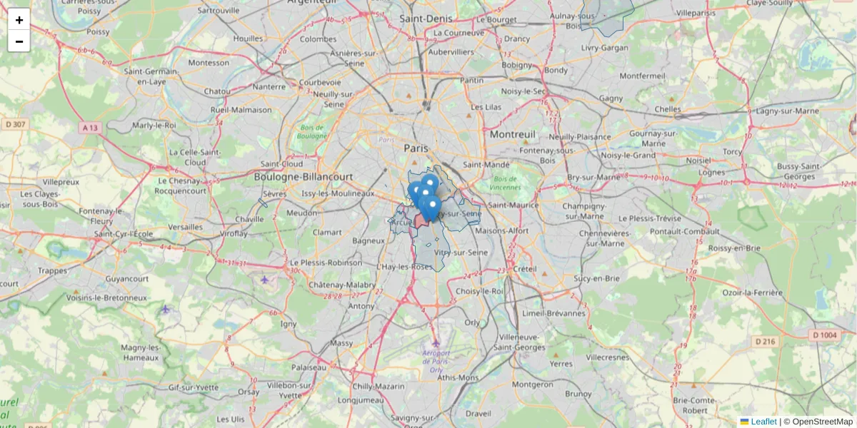 Carte de la zone du code postal  et des codes postaux voisins en France