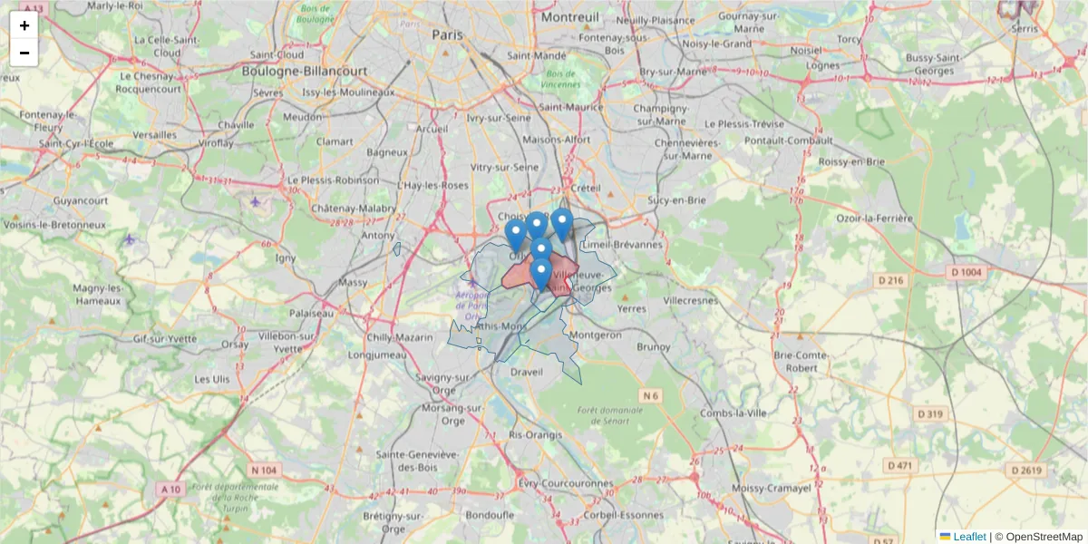 Carte de la zone du code postal  et des codes postaux voisins en France